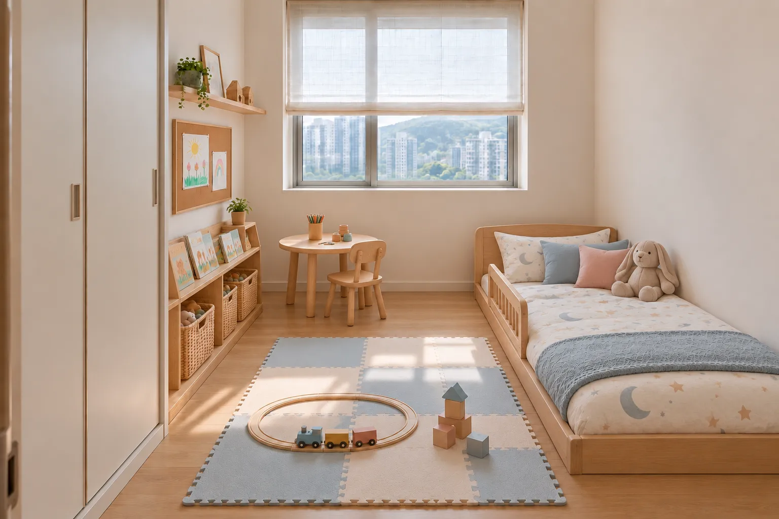 The same room in early childhood: low bed with a rail, small round activity table, large play mat and low picture-book baskets, with open space below the window