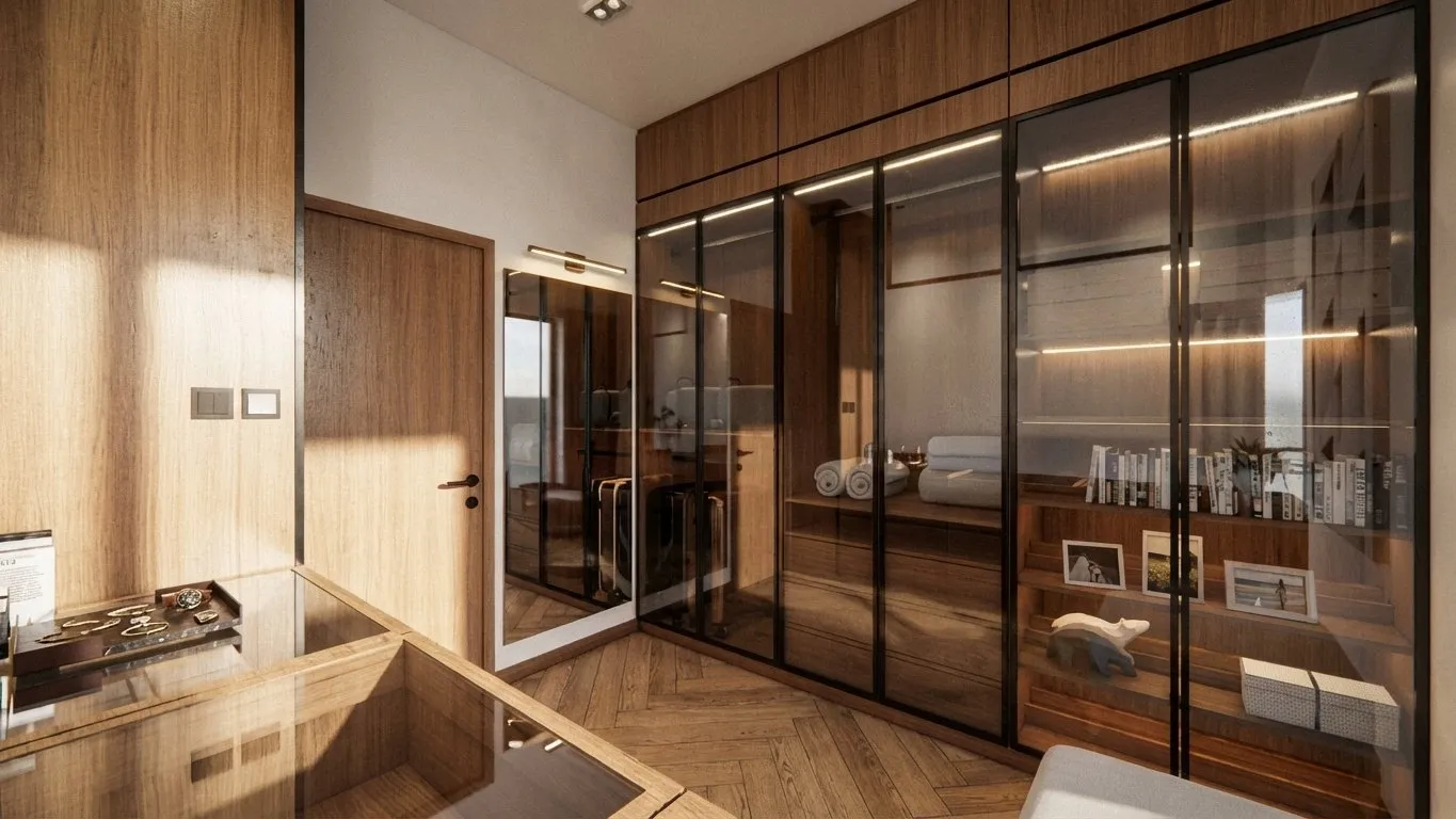Glass-fronted wardrobe in the dressing room, timber-framed doors with shelving and hanging space over a herringbone timber floor