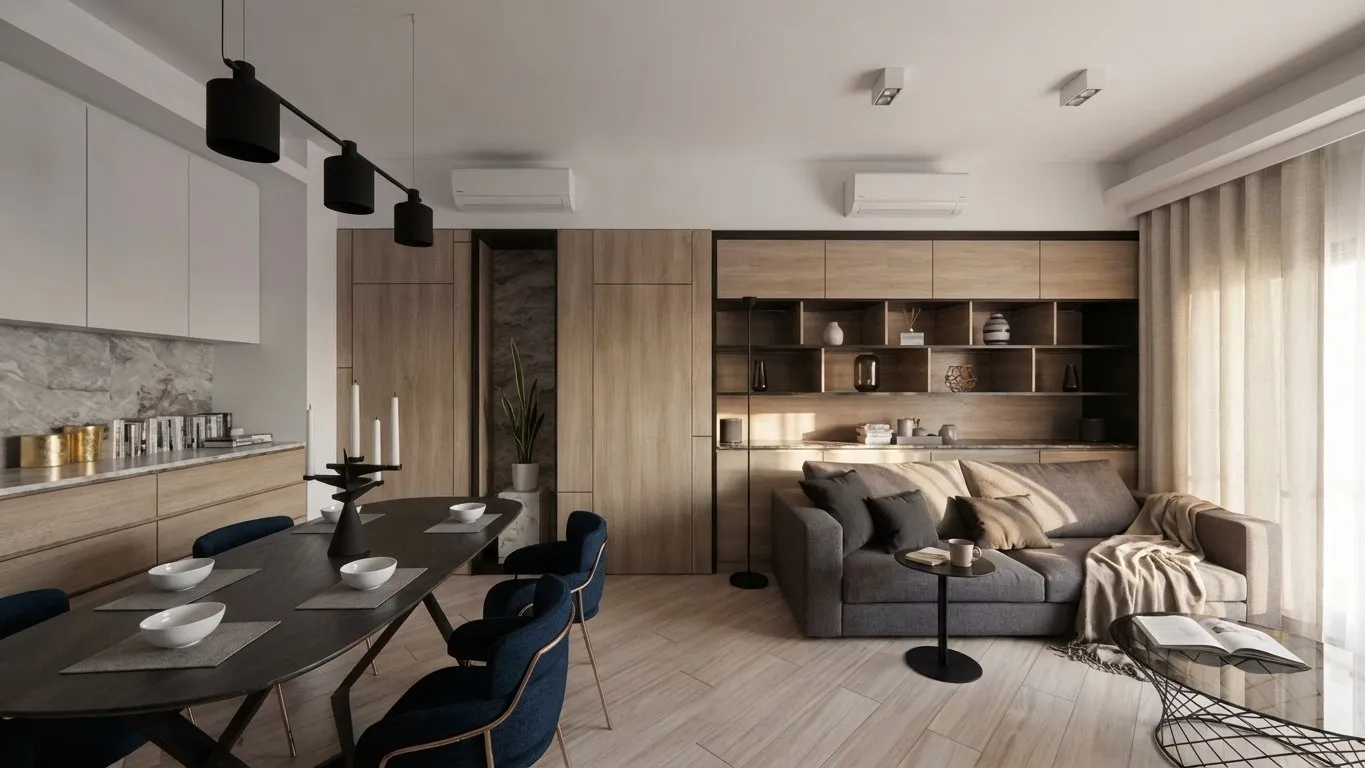 Open-plan living and dining with a dark dining table and blue chairs beside a grey sofa and timber-faced storage