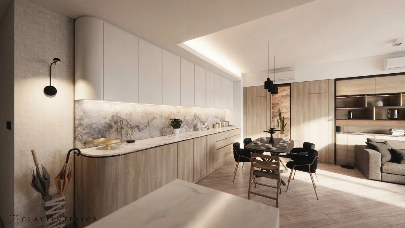 Open kitchen and dining with white wall cabinets, a stone-effect worktop and timber base units beside the table