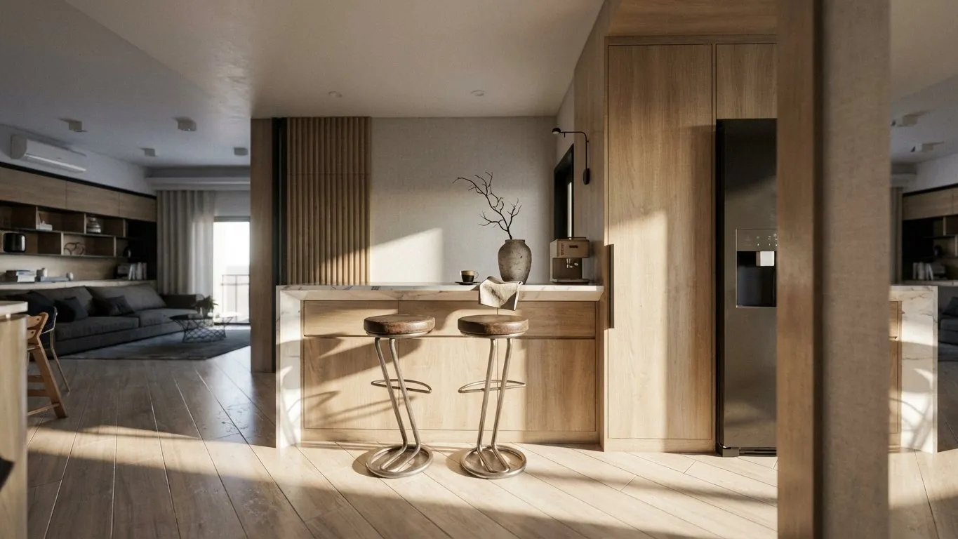 Open kitchen with a timber breakfast bar and two high stools beside a built-in fridge