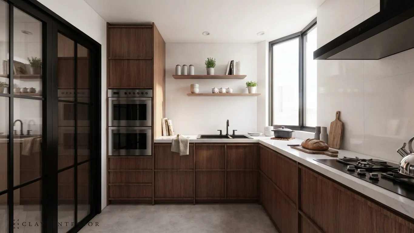 Kitchen with a tall timber unit and built-in oven, white wall tiles, timber shelves and a black sink