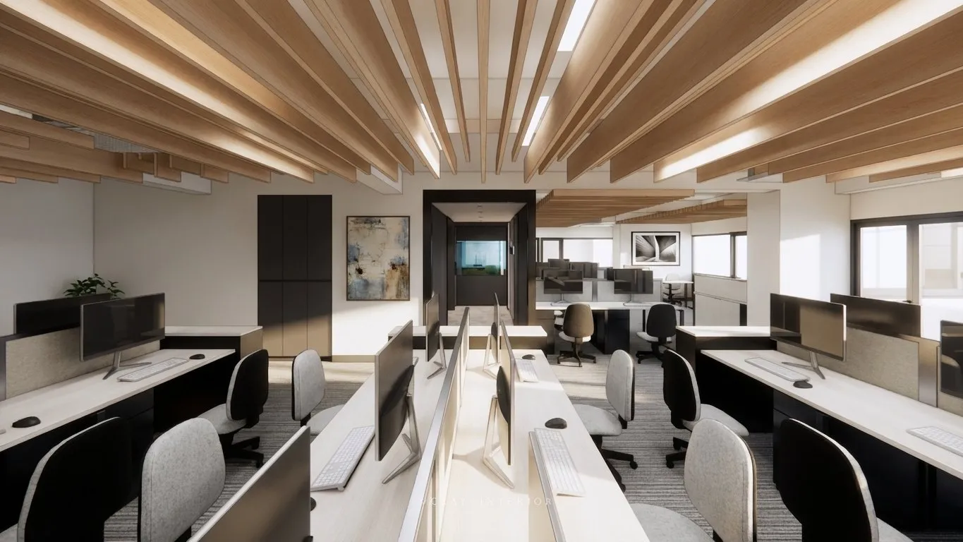 開放式辦公室，木條子天花配白色辦公檯及黑色辦公椅。