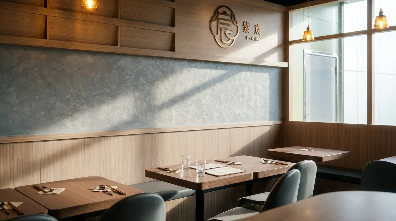 Restaurant booth seating with pale timber walls, a grey stone-effect finish and timber tables laid with cutlery and glasses