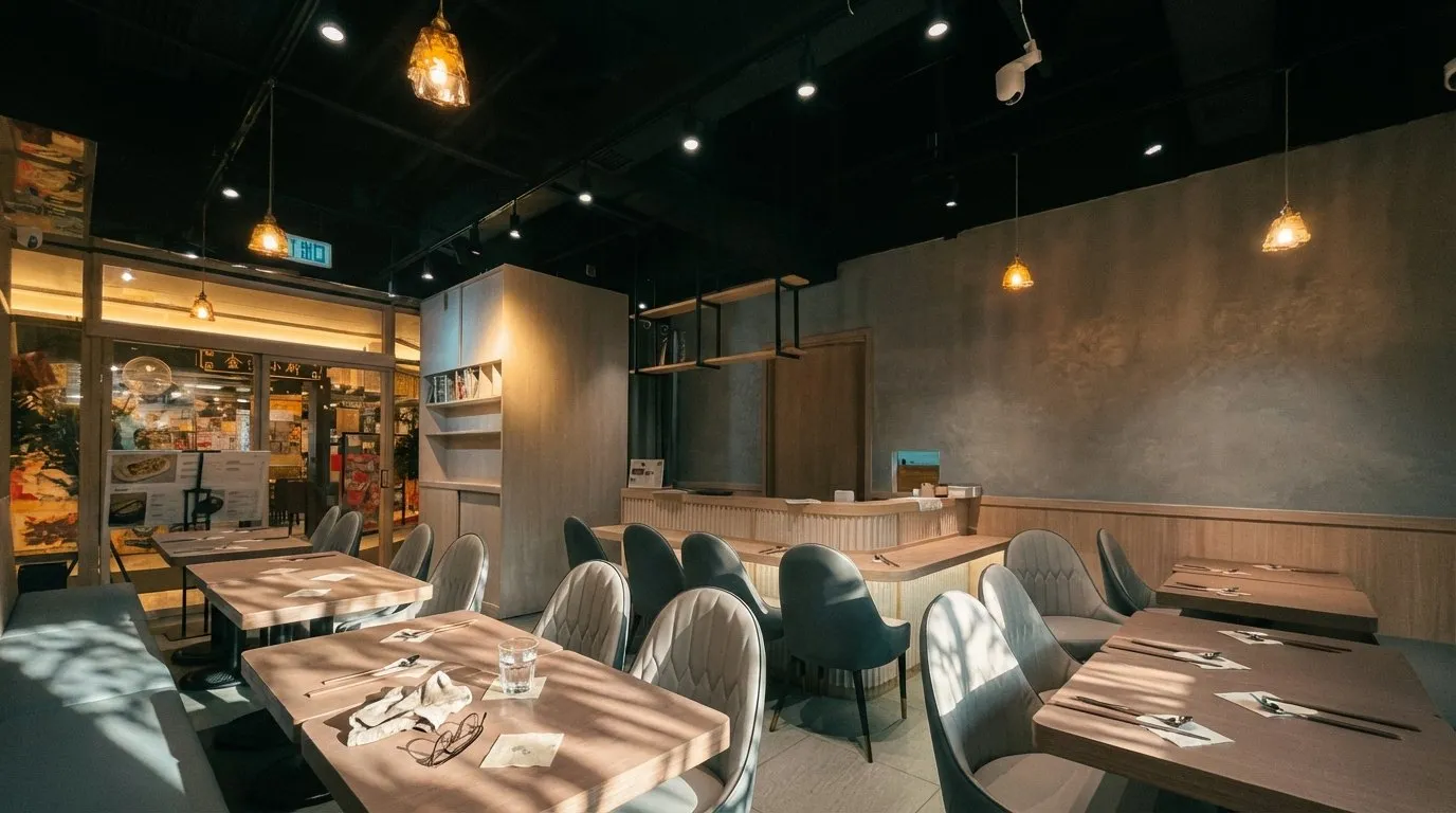 Restaurant dining area with timber tables, grey upholstered chairs, pendants and an open counter