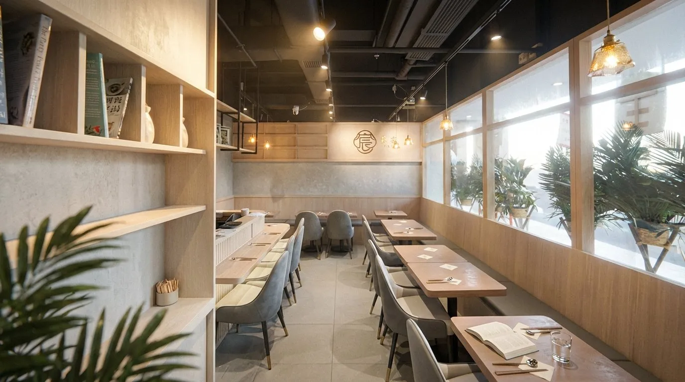 Restaurant window seating with plants outside, pale timber shelving opposite and rows of timber tables