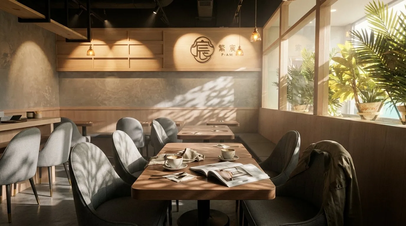 Central dining area with timber tables, grey chairs, pale timber walls and pendants