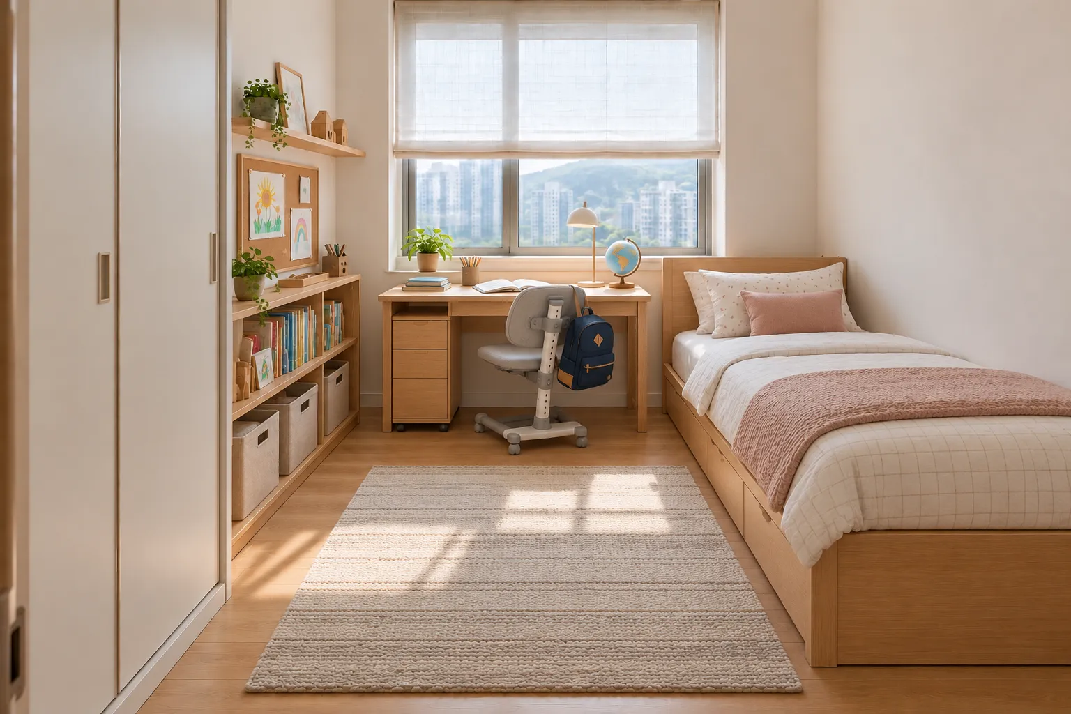 The same room at school age: standard-height single bed, homework desk, adjustable study chair, globe, mobile drawers and organised bookshelves