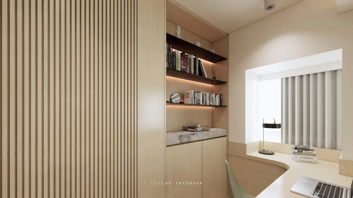 Study reading nook, wood louvre blinds with bookshelf and desk