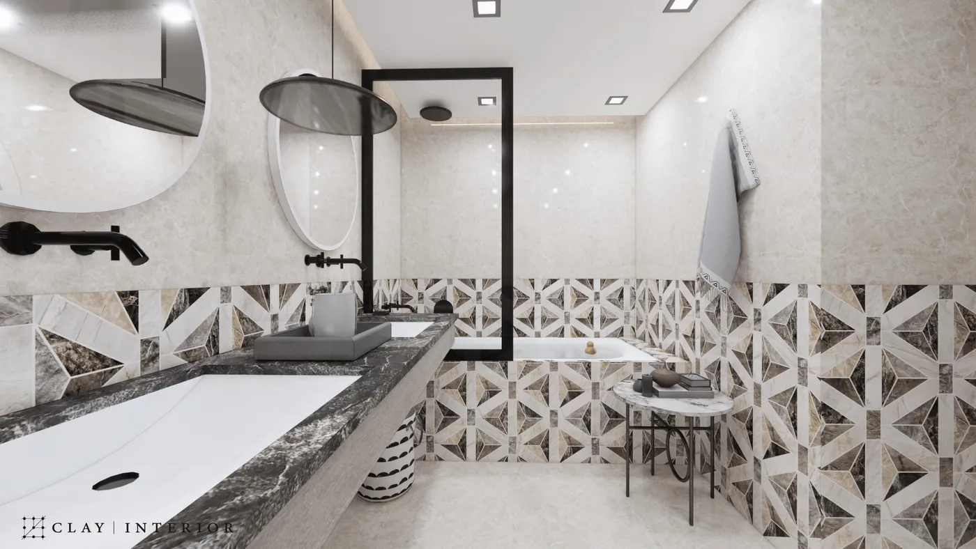 Bathroom with a double vanity in black stone, geometric patterned wall tiles, and a bathtub