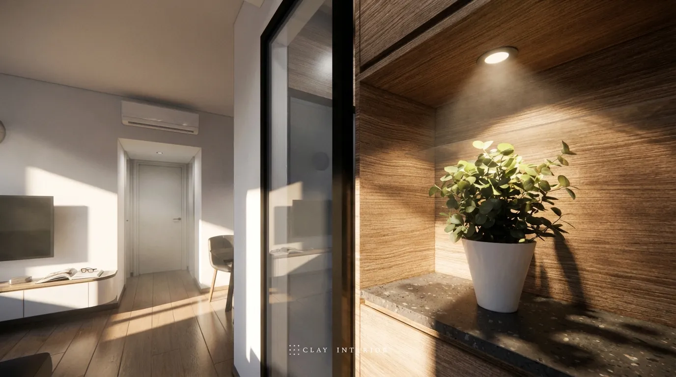 Entrance corridor storage with wood-grain wall finish and potted plant display