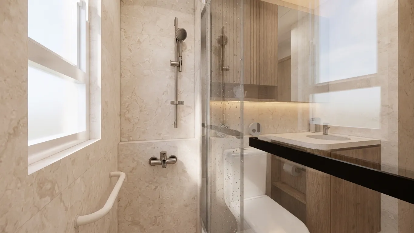 Bathroom shower area and vanity counter