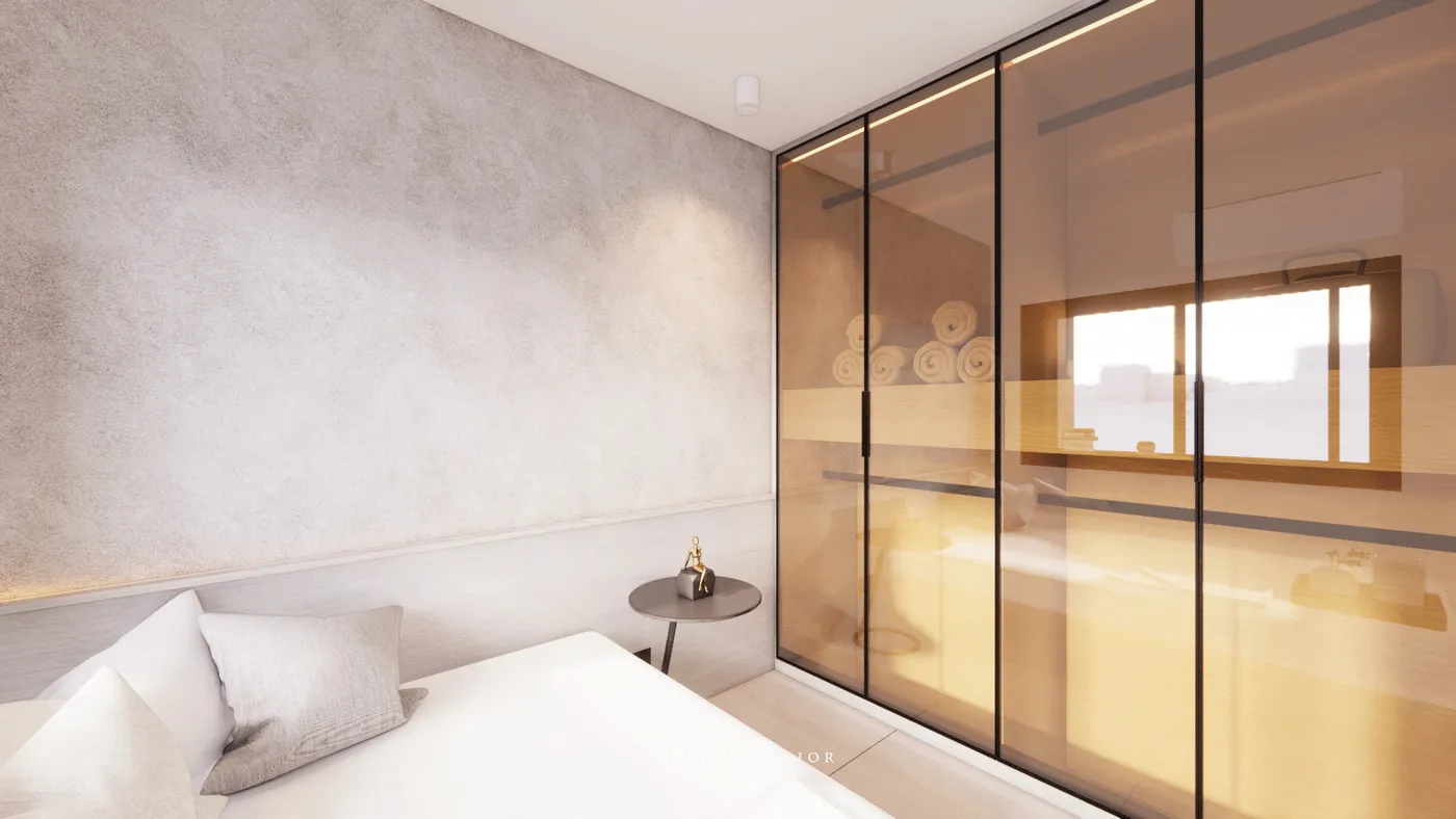 Bedroom headboard wall with a tea-tinted glass sliding-door wardrobe