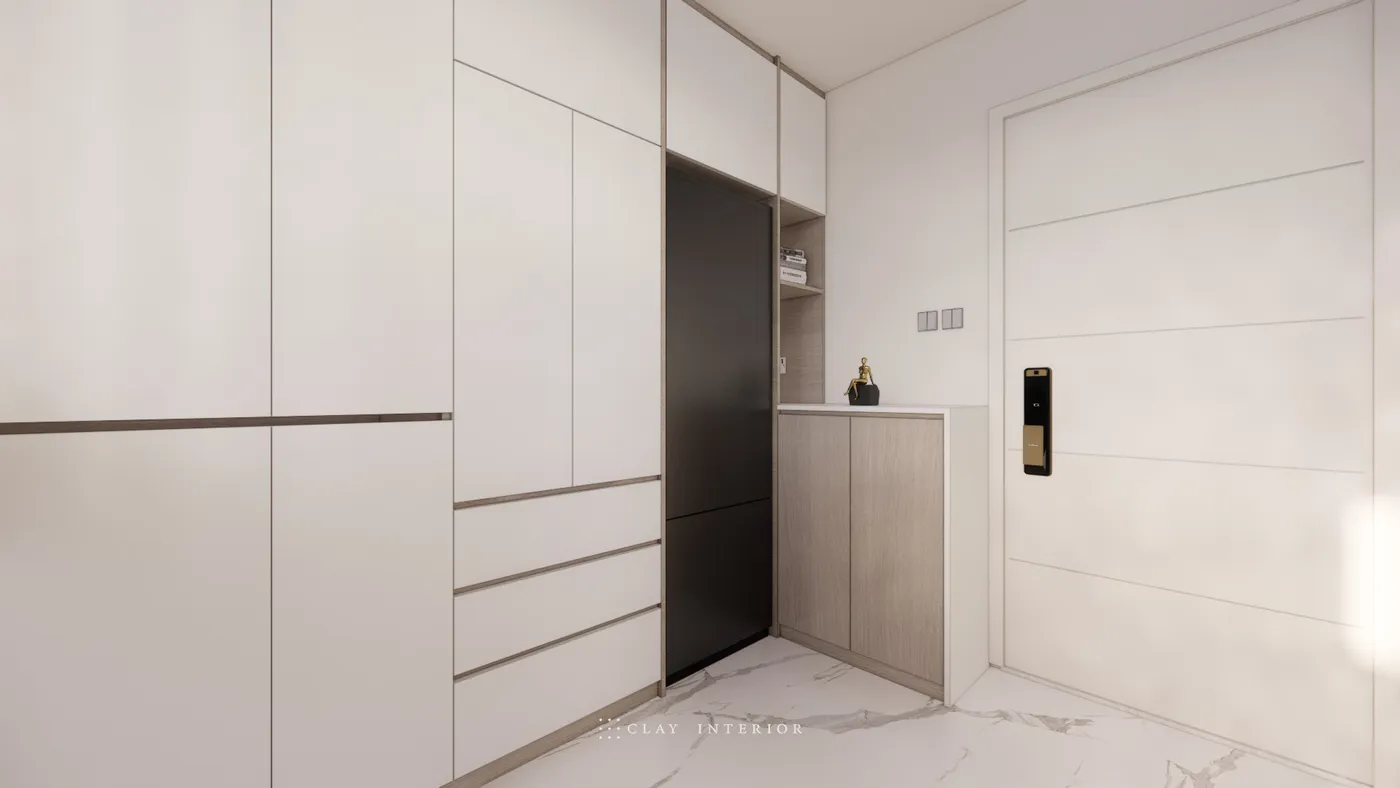 Entrance with built-in fridge and off-white tall storage cabinet, fitted with an electronic door lock
