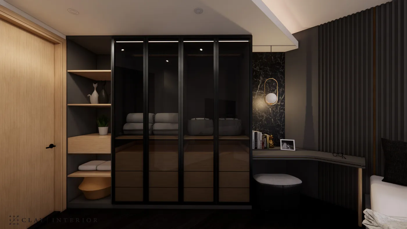 Bedroom wardrobe and dressing nook with black-framed glass sliding doors and wood-grain open shelving