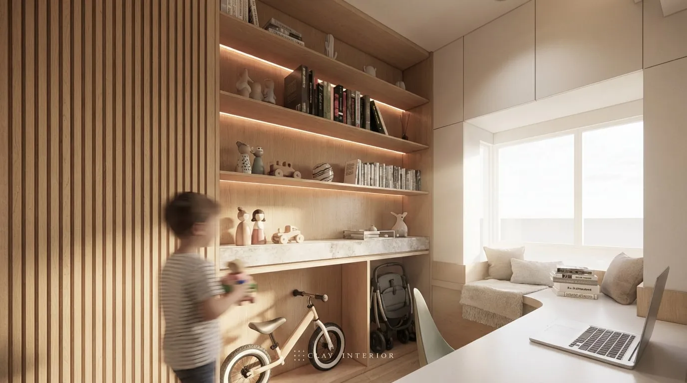 Study behind a timber slat partition, lit wall shelves and a desk running to a window seat