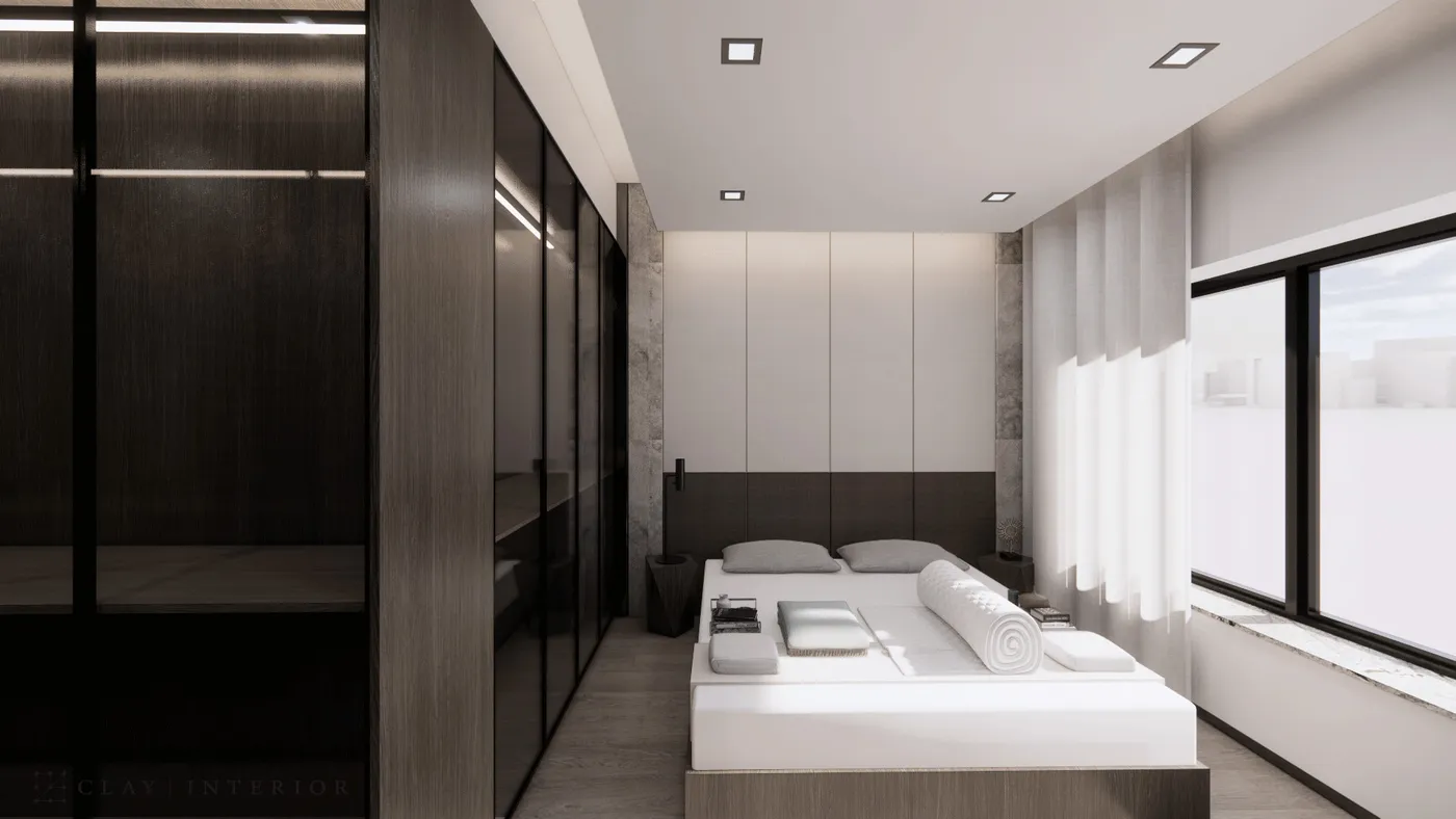 Master bedroom with an upholstered headboard wall, smoked-glass wardrobe doors, and a floor-to-ceiling window