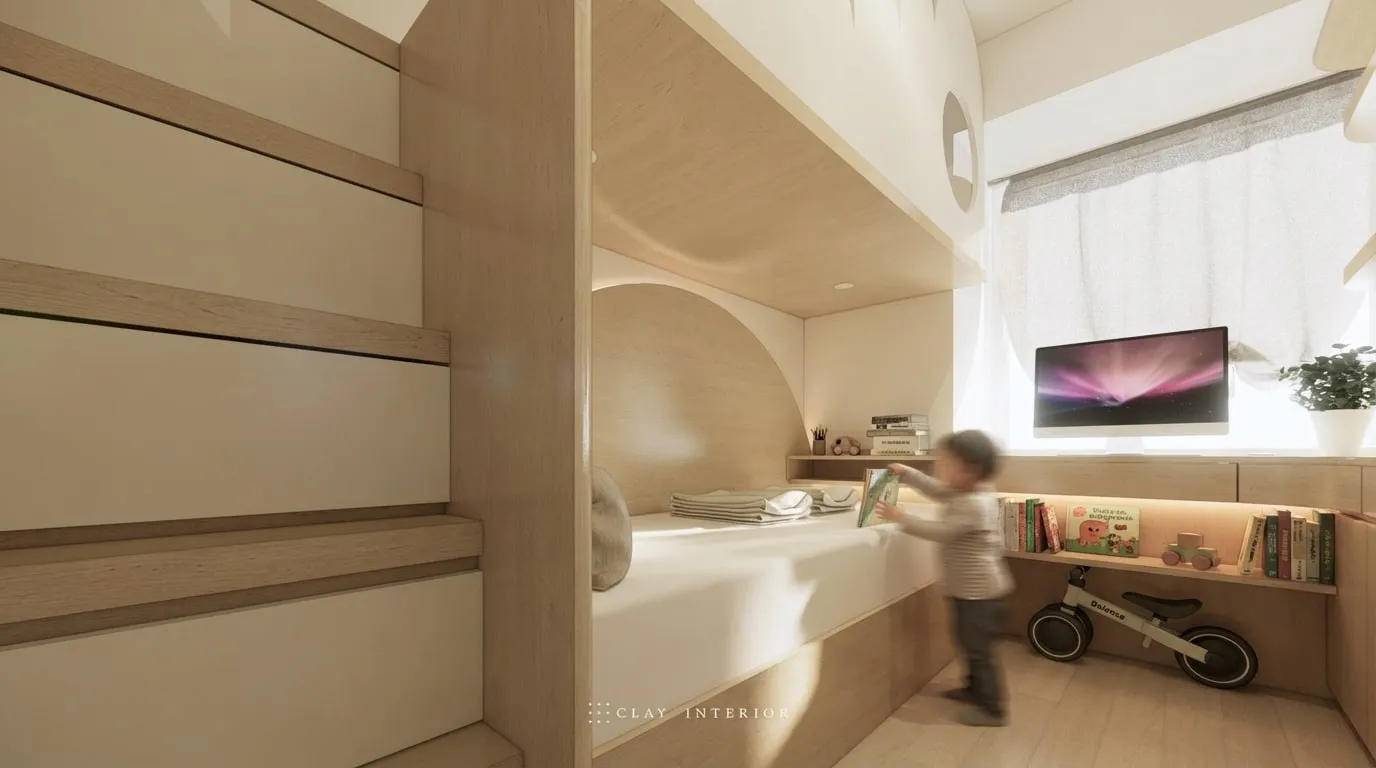 Side of the storage stairs with a drawer in each step, and the window desk extending to the foot of the bed