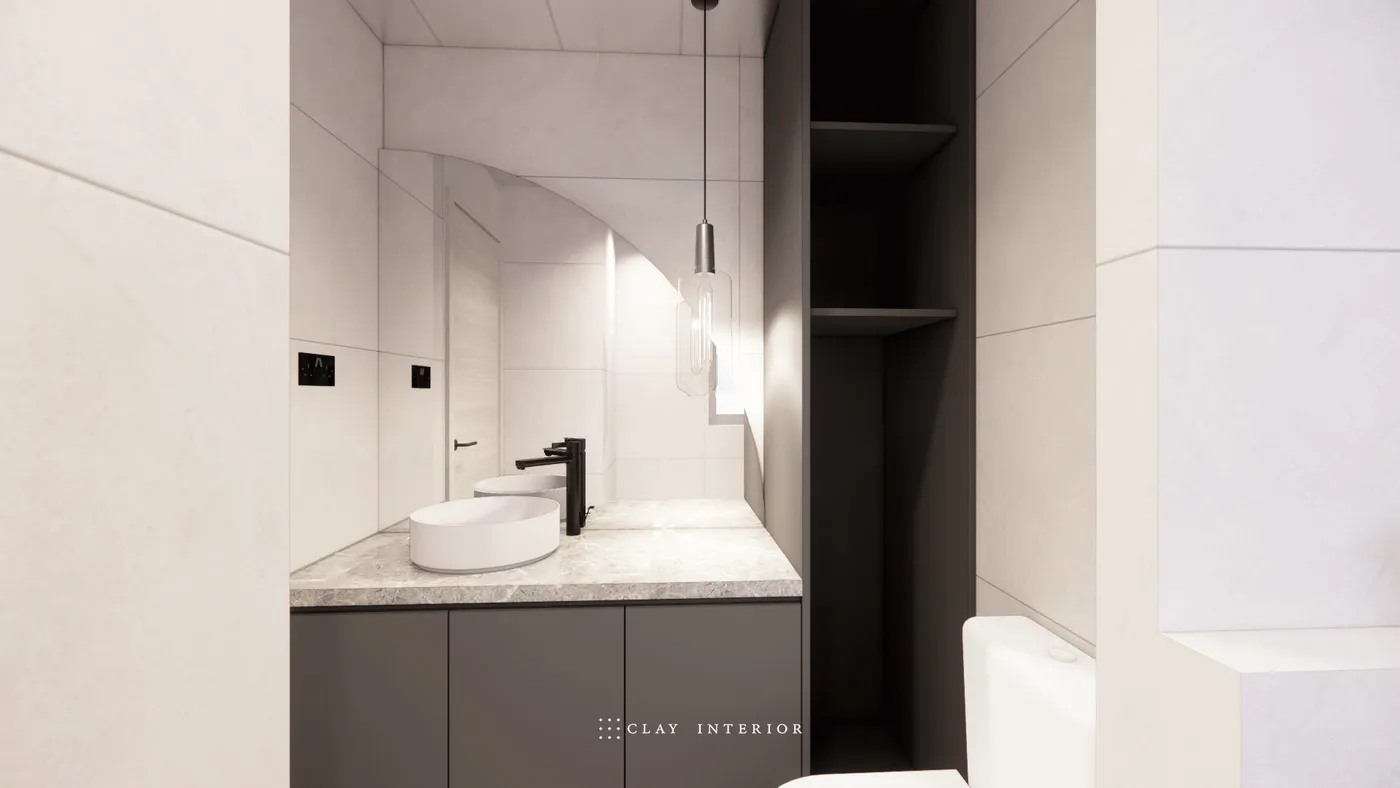 Bathroom vanity counter in marble-effect finish with black tapware