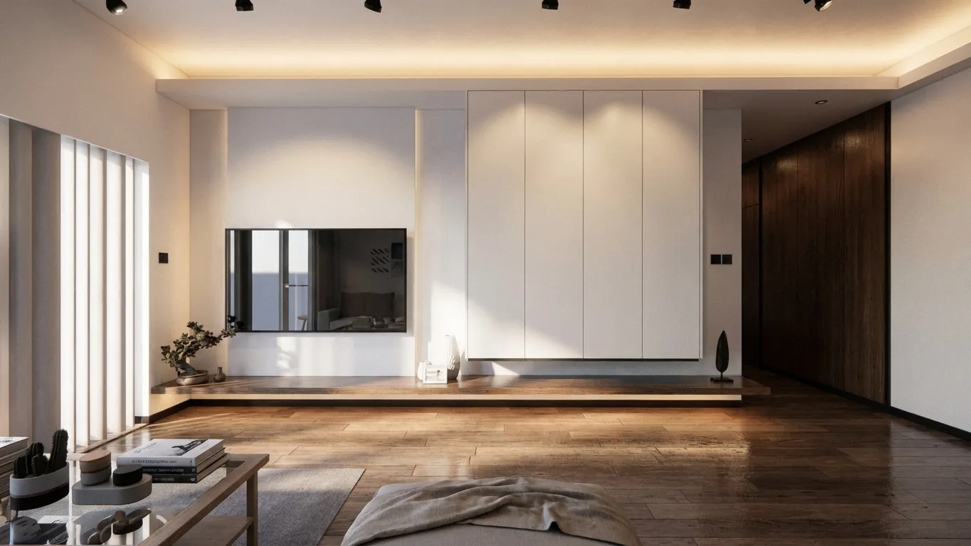 Living room with a minimalist white feature wall and floating TV console, wood flooring and floor-to-ceiling windows