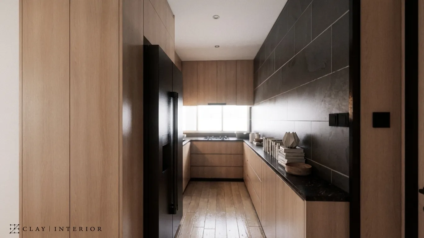 Kitchen with wood-grain cabinetry, black tiled wall, and stone countertop