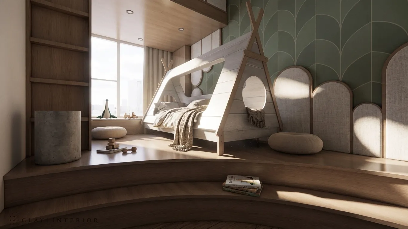 Children's room with a tent-shaped bed frame and floor-to-ceiling windows overlooking the city