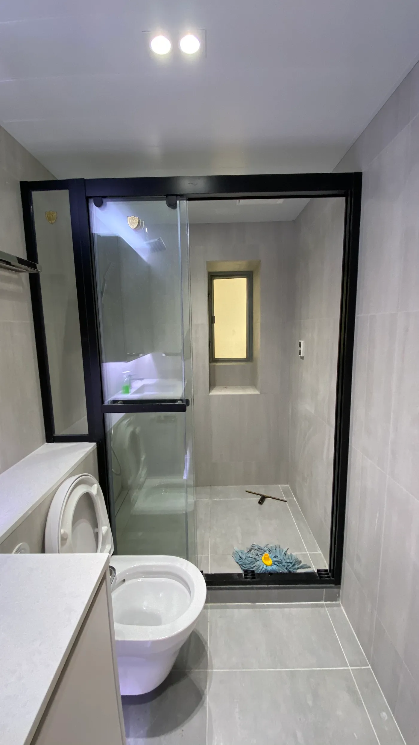 Bathroom shower area with a black-framed glass sliding door and a window view