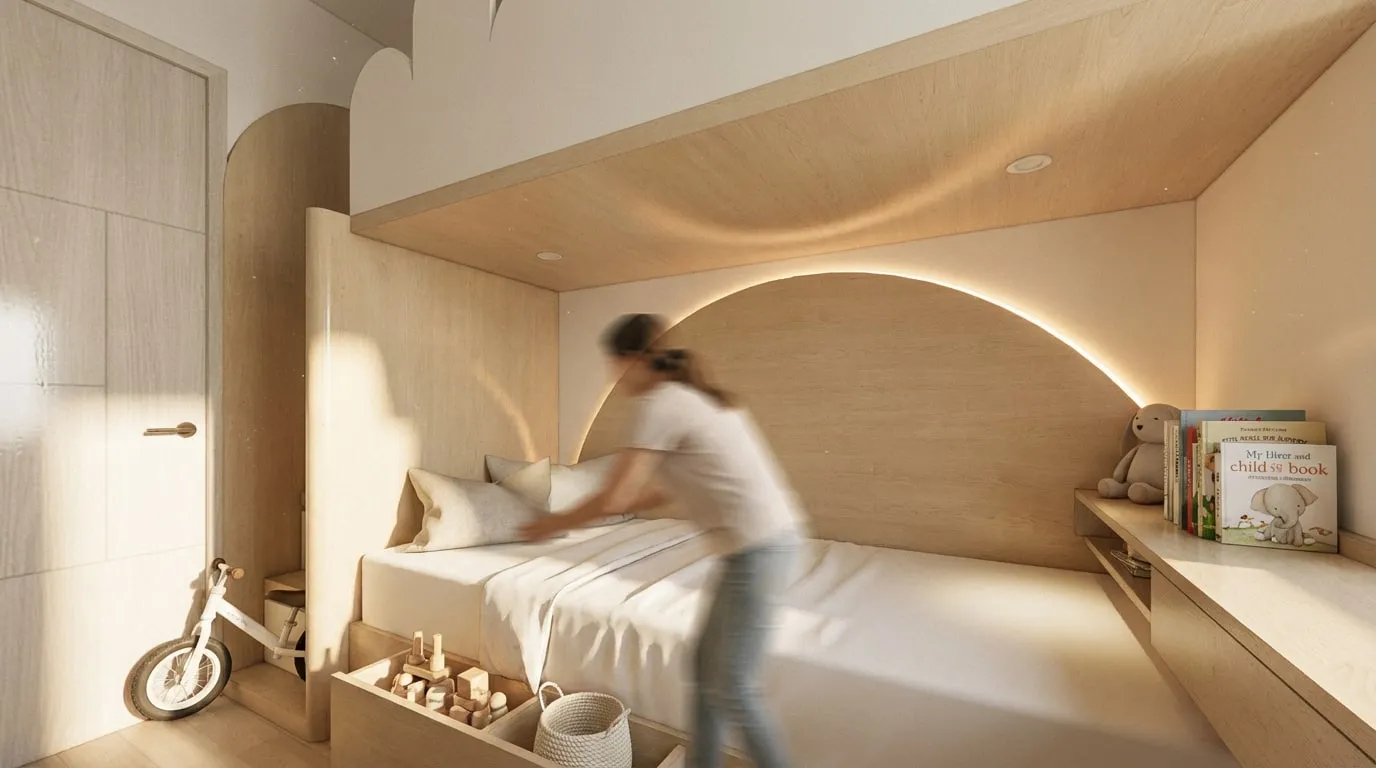 Lower bed framed by an arched timber headboard with warm strip lighting, and a low cabinet with books beside it
