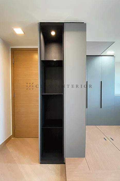 Entrance storage cabinet in a dark wood and grey two-tone finish