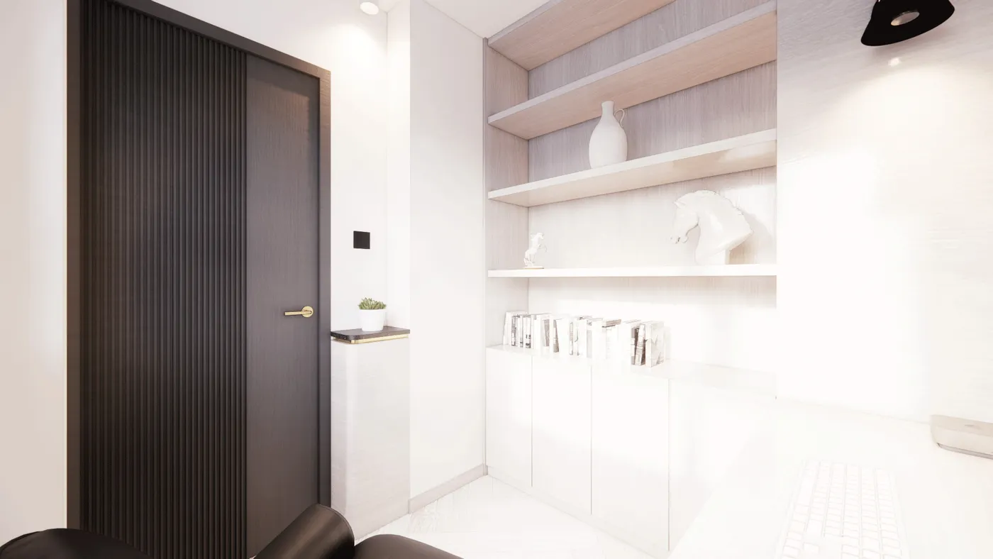 Entrance corridor with wood-grain sliding doors and open display shelving