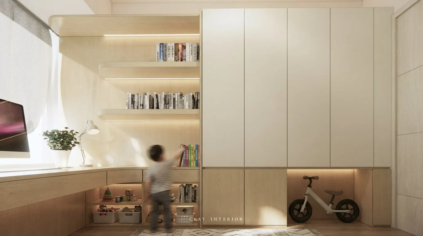 Corner desk with shelves next to a full-height white wardrobe, with an open base where a balance bike is parked