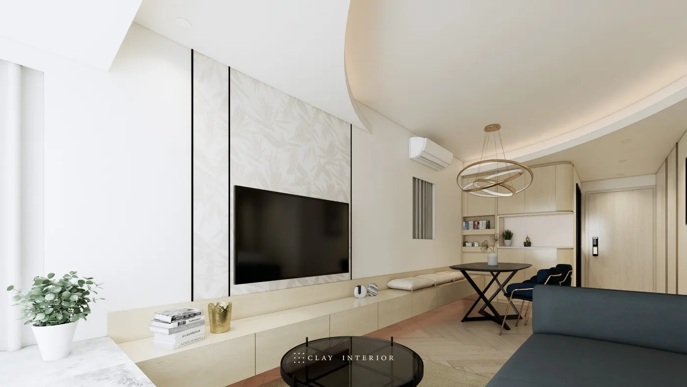 Open-plan living and dining area, wood-grain TV wall with a navy-blue sofa