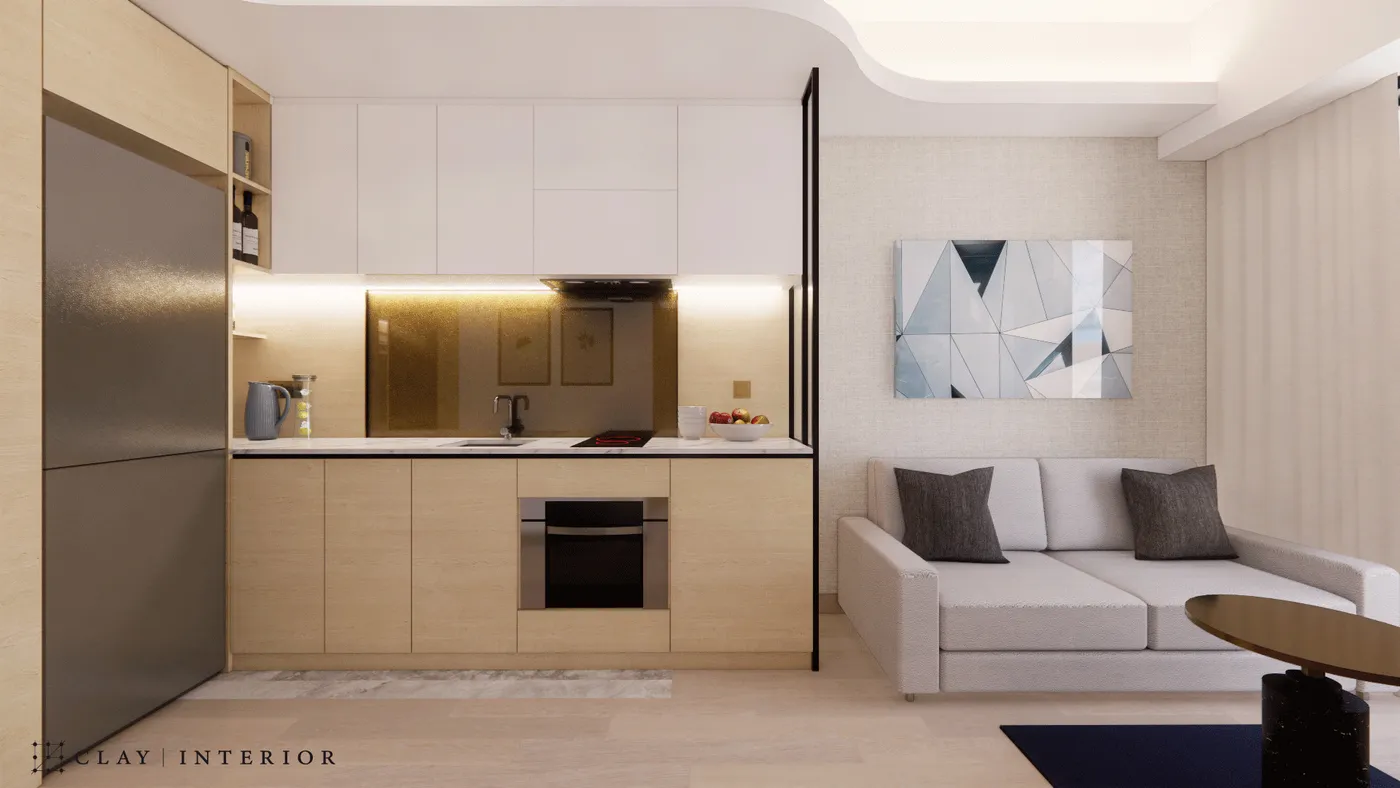 Kitchen design, with white marble-pattern countertop, wood-grain cabinetry, and built-in oven
