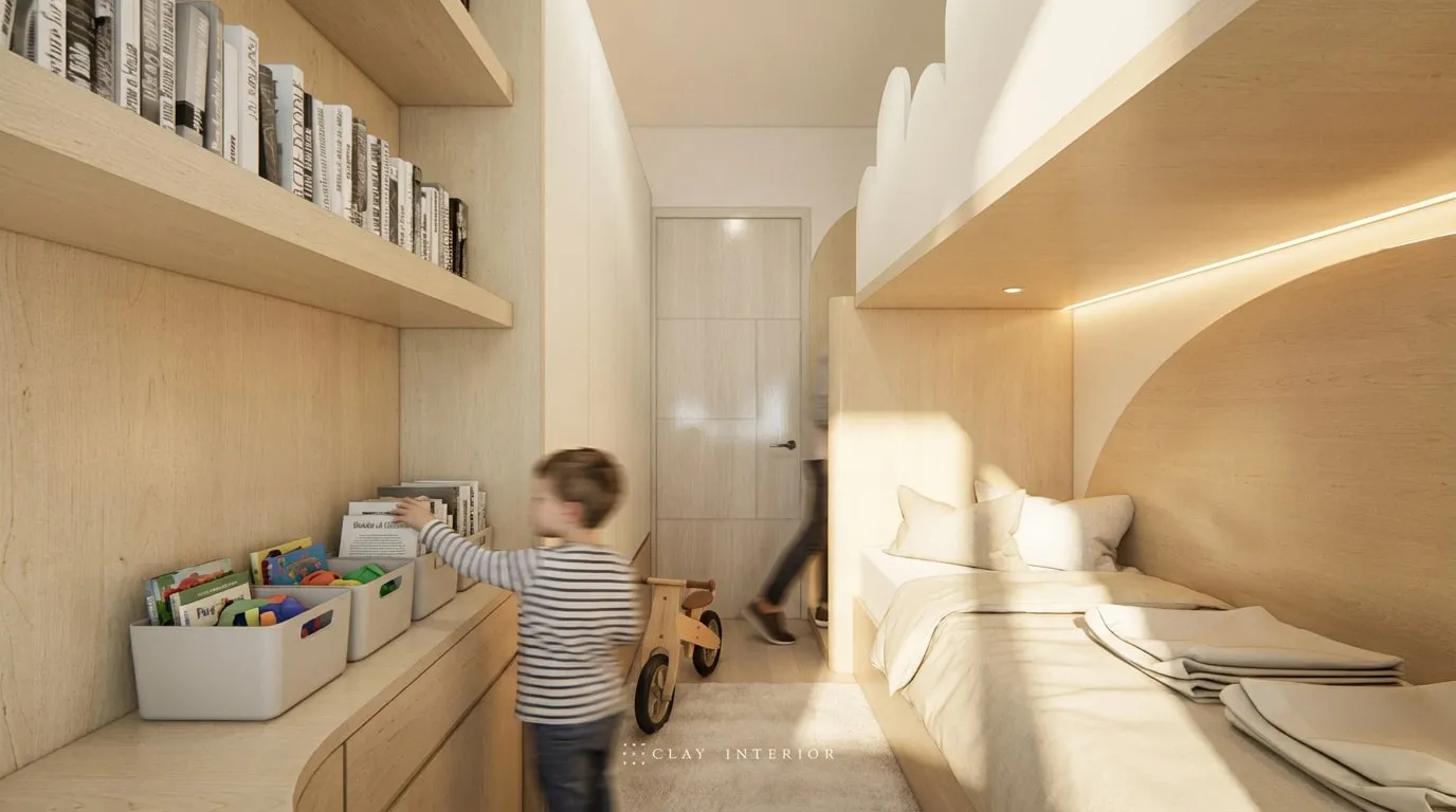 Low cabinet along the wall holding toy baskets, open bookshelf above and the bedroom door at the end