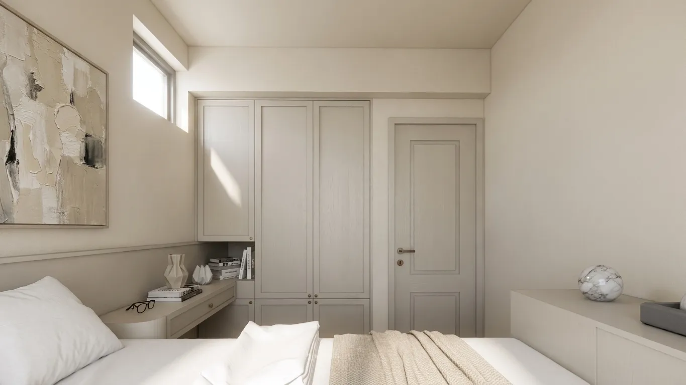 Bedroom, alternate view, with a wood-grain wardrobe, bedside wall art and a low cabinet