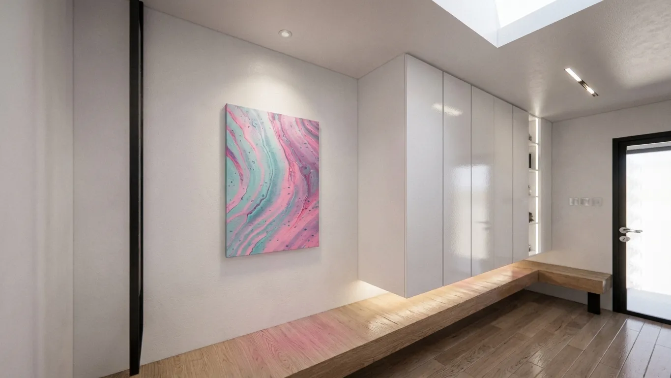 Entrance lobby with a floor-to-ceiling glossy white storage wall, a wood bench, and a colourful abstract painting