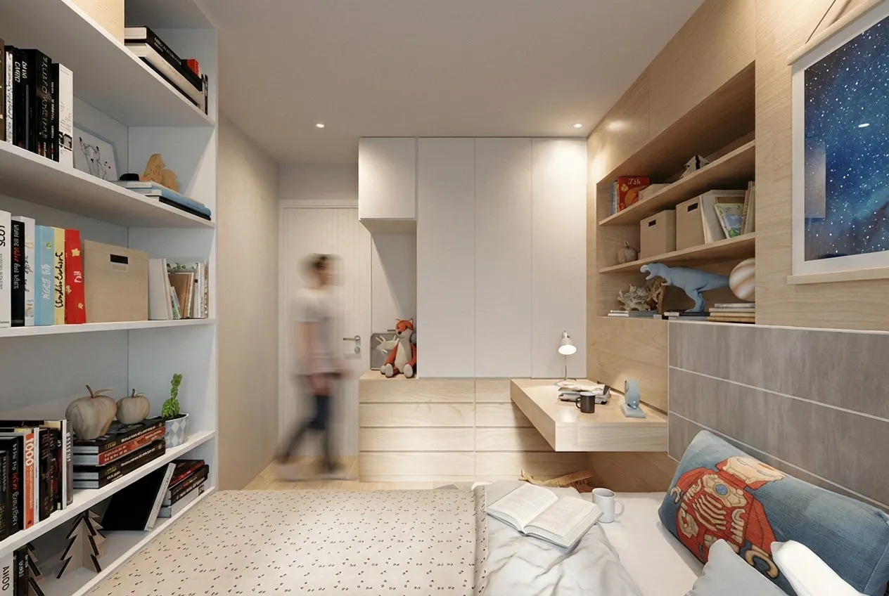 Room overview: white bookshelf on the left, white wardrobe with timber drawers at the end, headboard shelving and floating desk on the right
