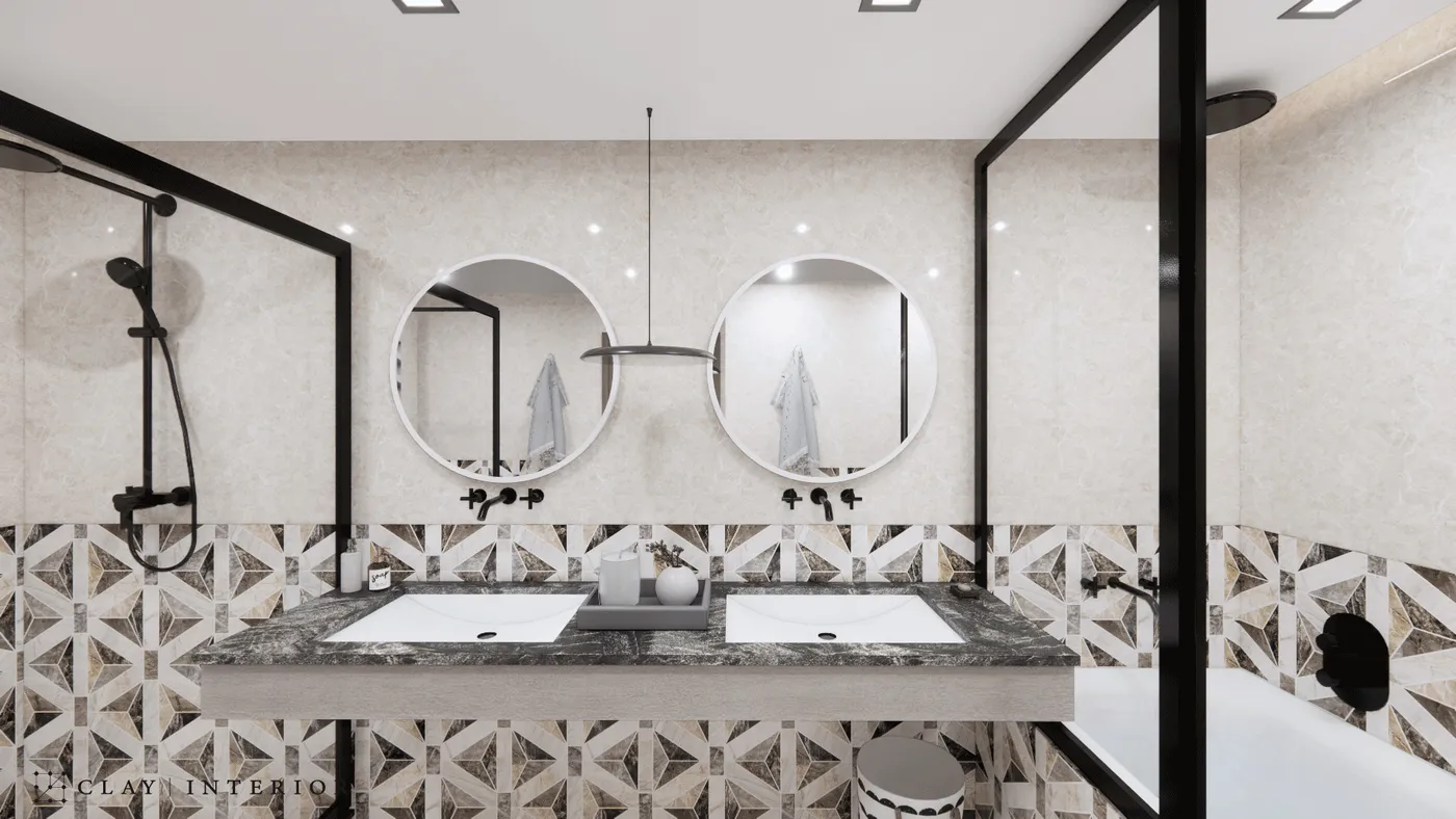 Bathroom double vanity with round mirrors, black wall-mounted taps, and a black-framed glass shower screen