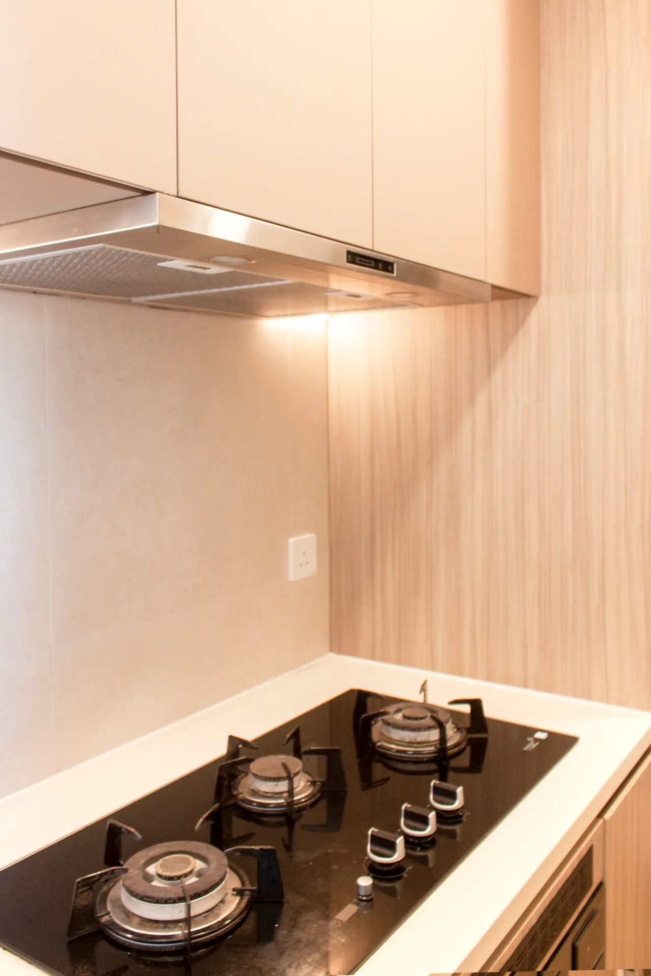 Close-up of the kitchen stove and range hood