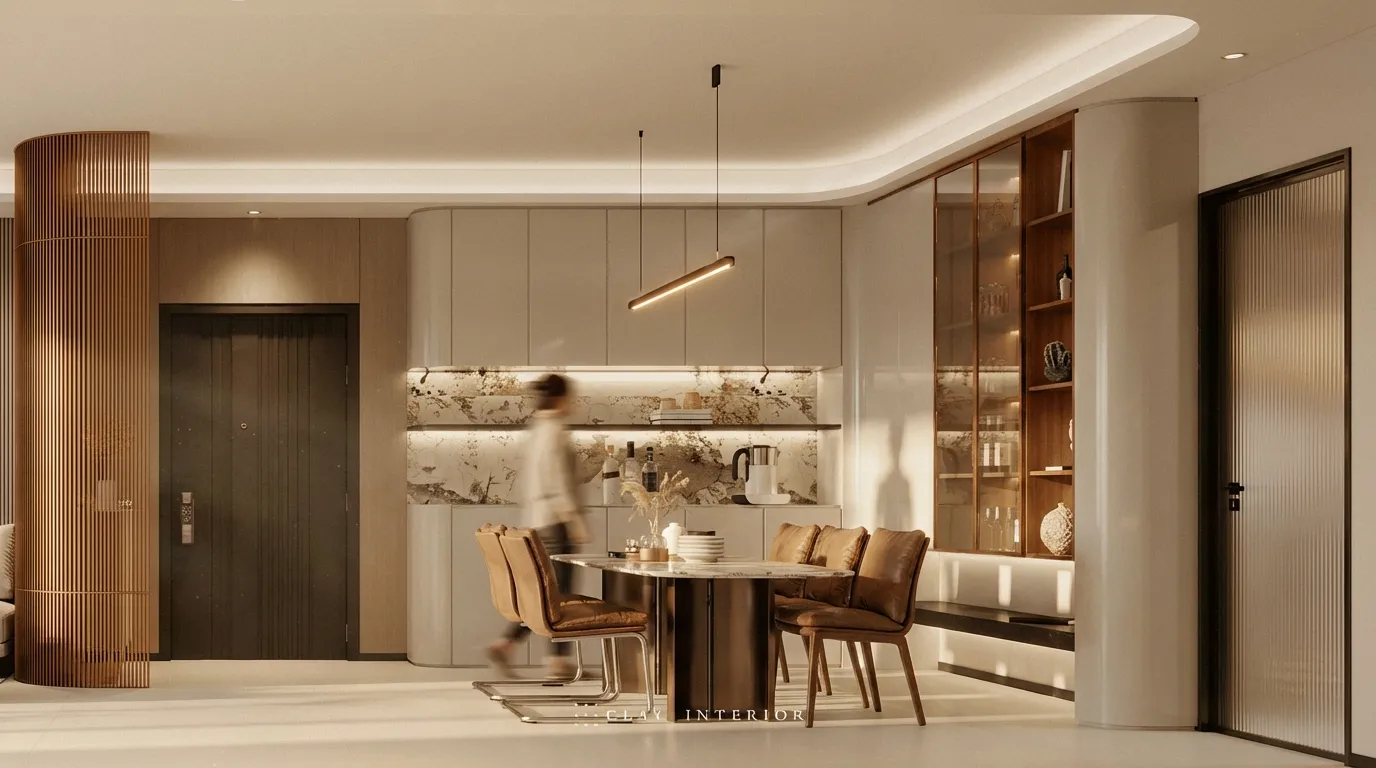 Dining area with open-plan kitchen, wood-slat cabinetry with marble countertop