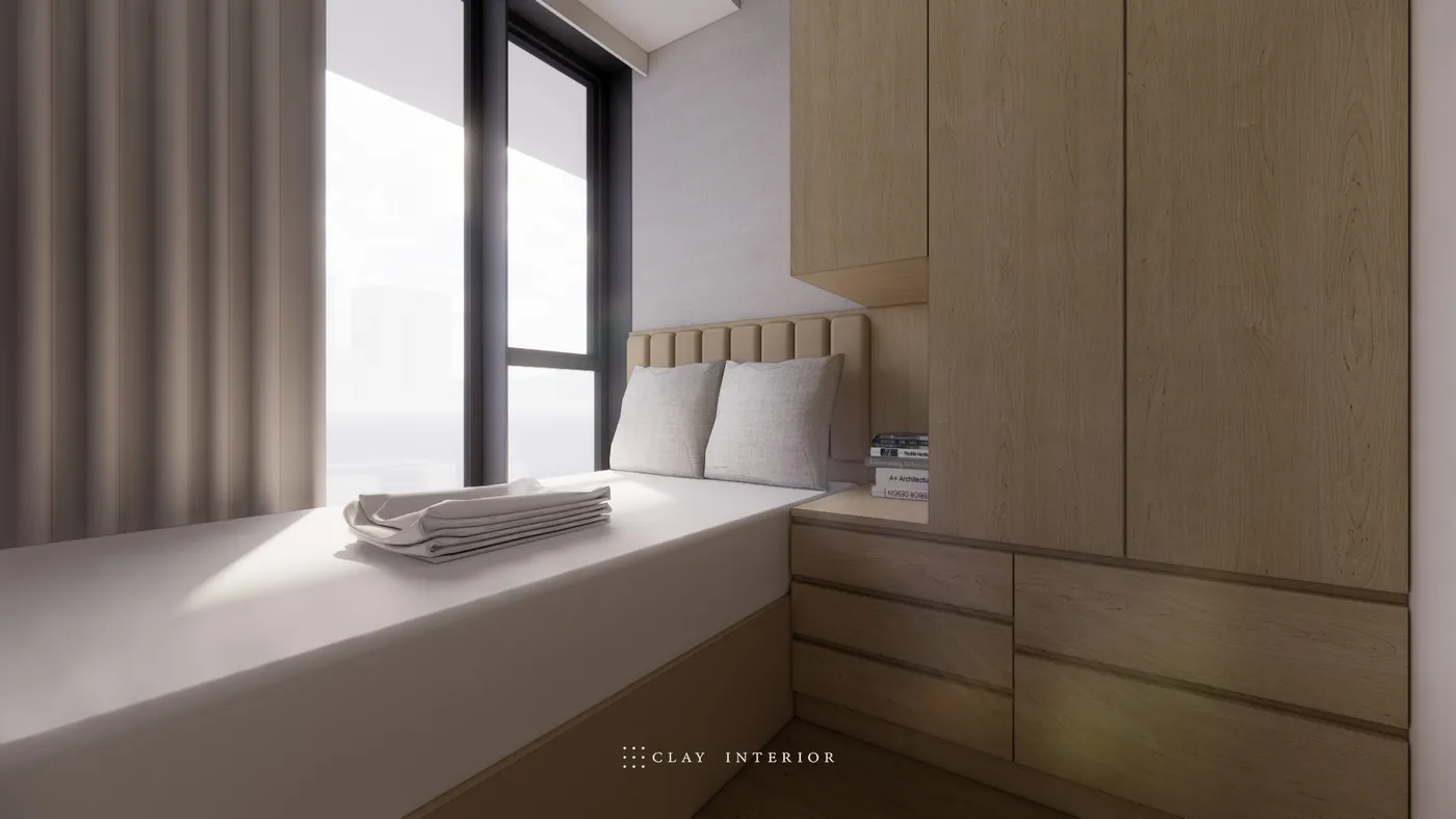 Bedroom window seat, with floor-to-ceiling glazing bringing in natural light