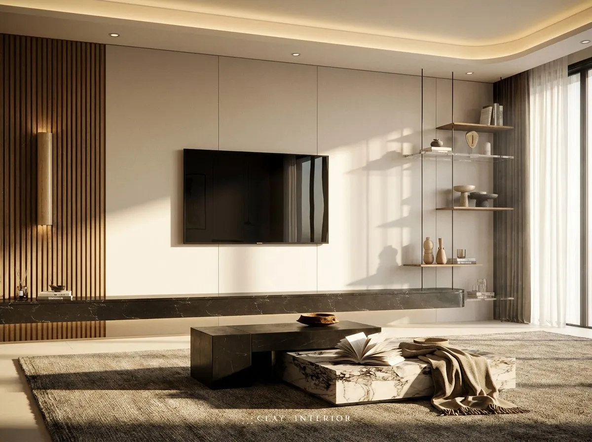 Living room TV feature wall with wood-panelled finish, black marble platform, and marble coffee table