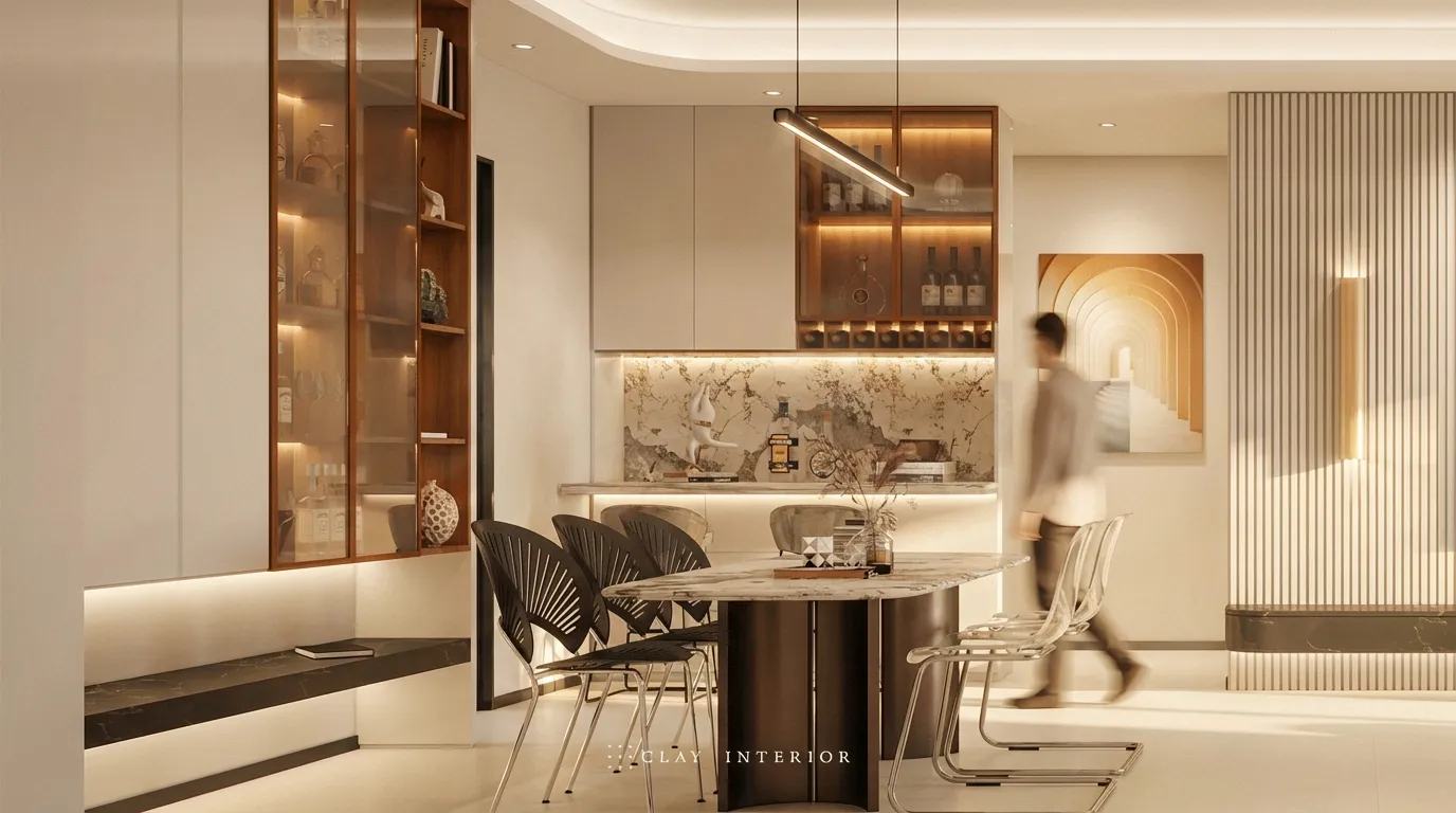 Open-plan kitchen bar counter and dining area, with wine cabinet against a marble feature wall