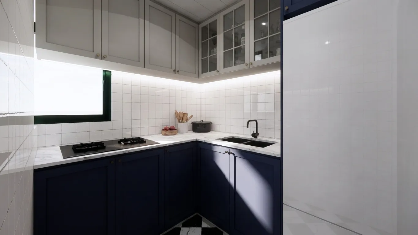 Kitchen with navy blue cabinetry, white tiled walls and a marble-effect countertop