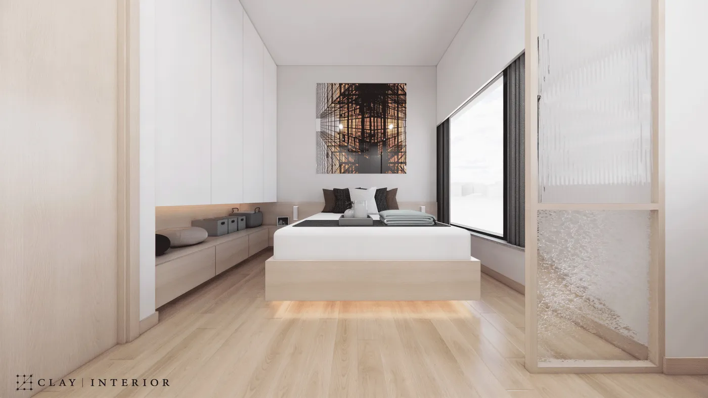 Bedroom bed frame design with artwork on the feature wall