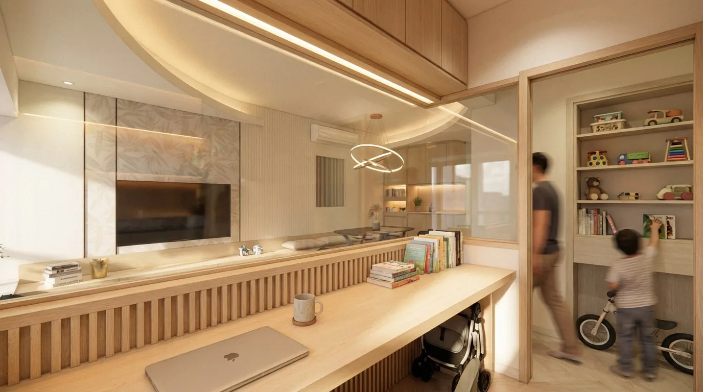 Long study desk facing a glass window onto the living room, with timber slats below the window