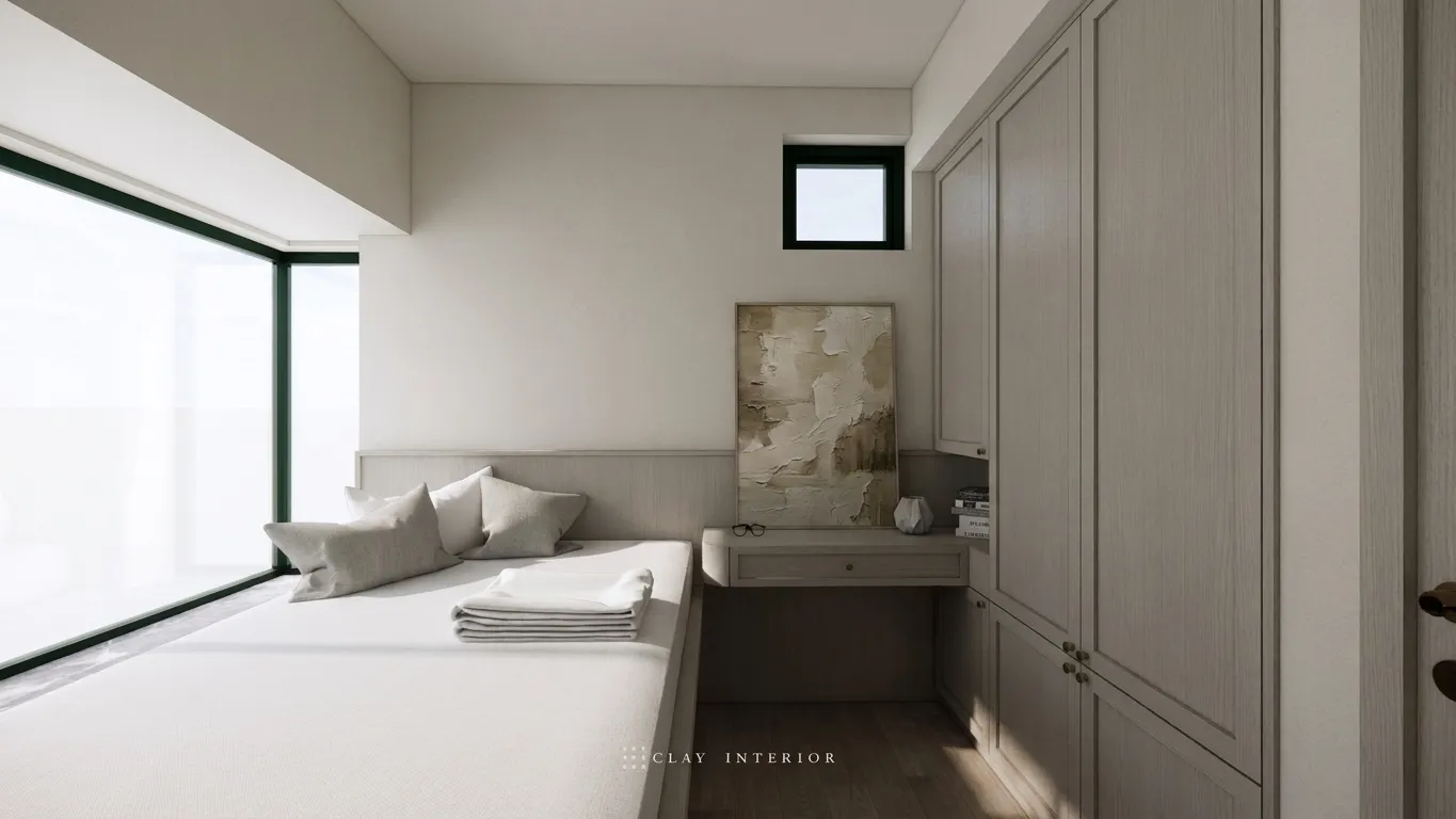 Bedroom with a window bed, a floating desk and a full-height pale grey wood-grain wardrobe