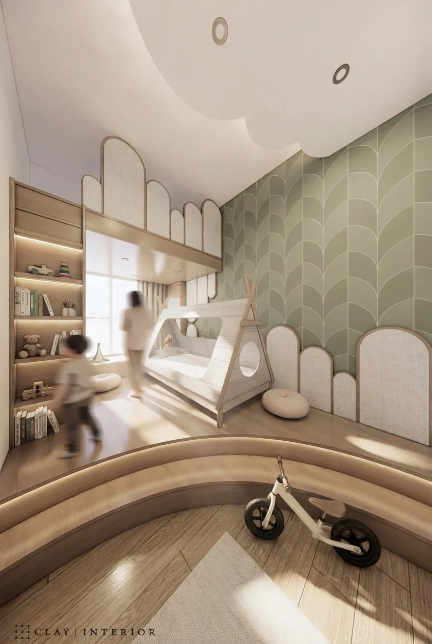 Tent bed on a curved timber platform, green leaf-pattern wallpaper with arched upholstered panels and a cloud-shaped ceiling