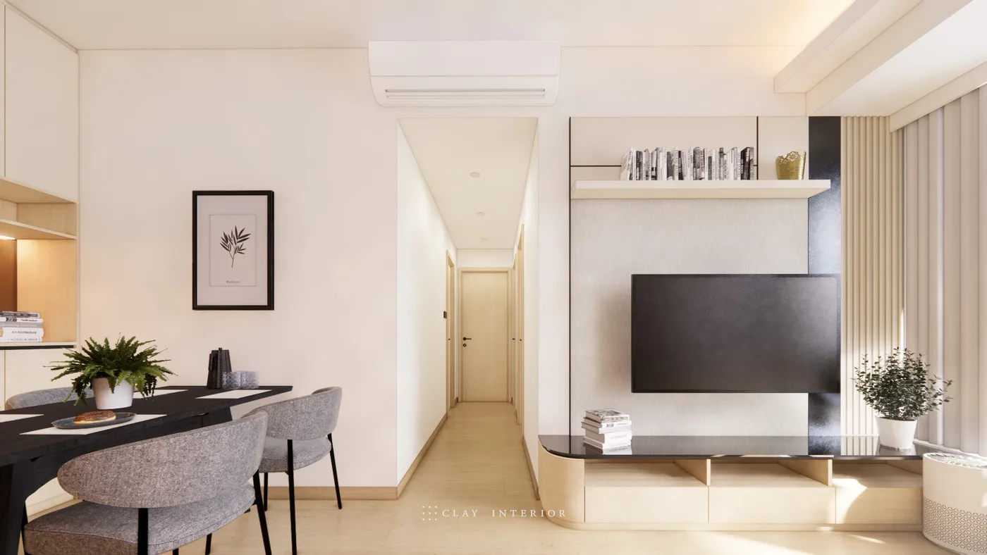 Living and dining area, with TV feature wall and dining table