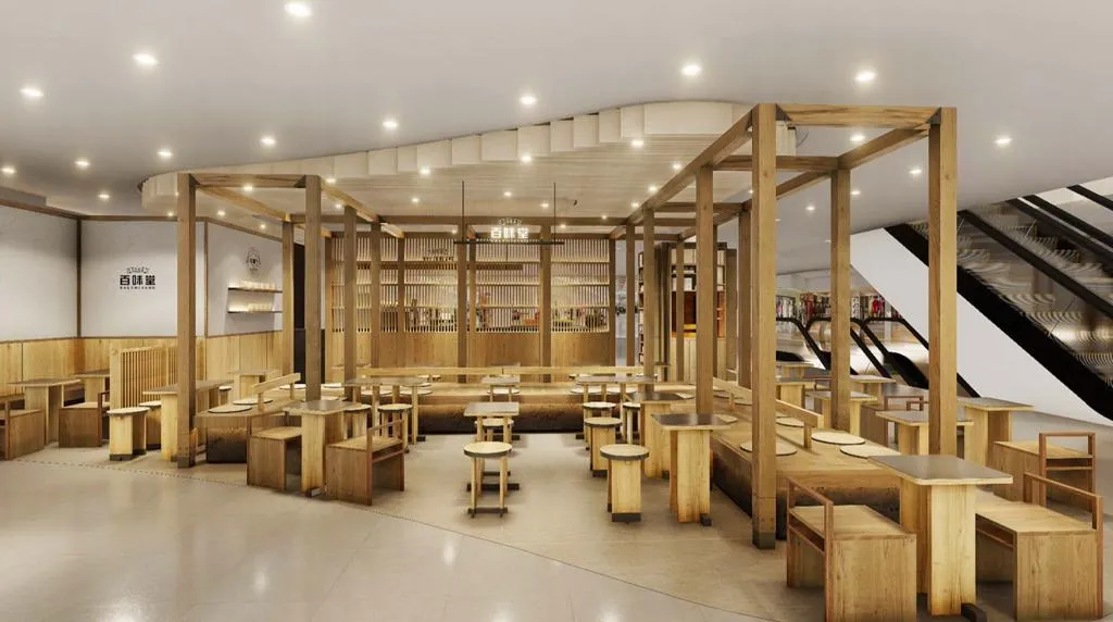 Baekmidang dining seating area with timber-framed structure